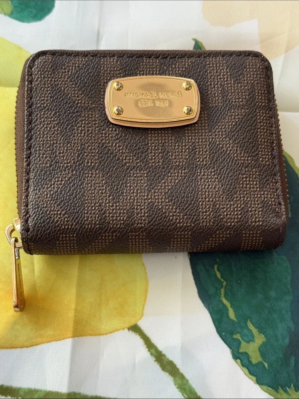 Michael Kors Dark Brown Coated Canvas Zip Card Holder with Gold Plate